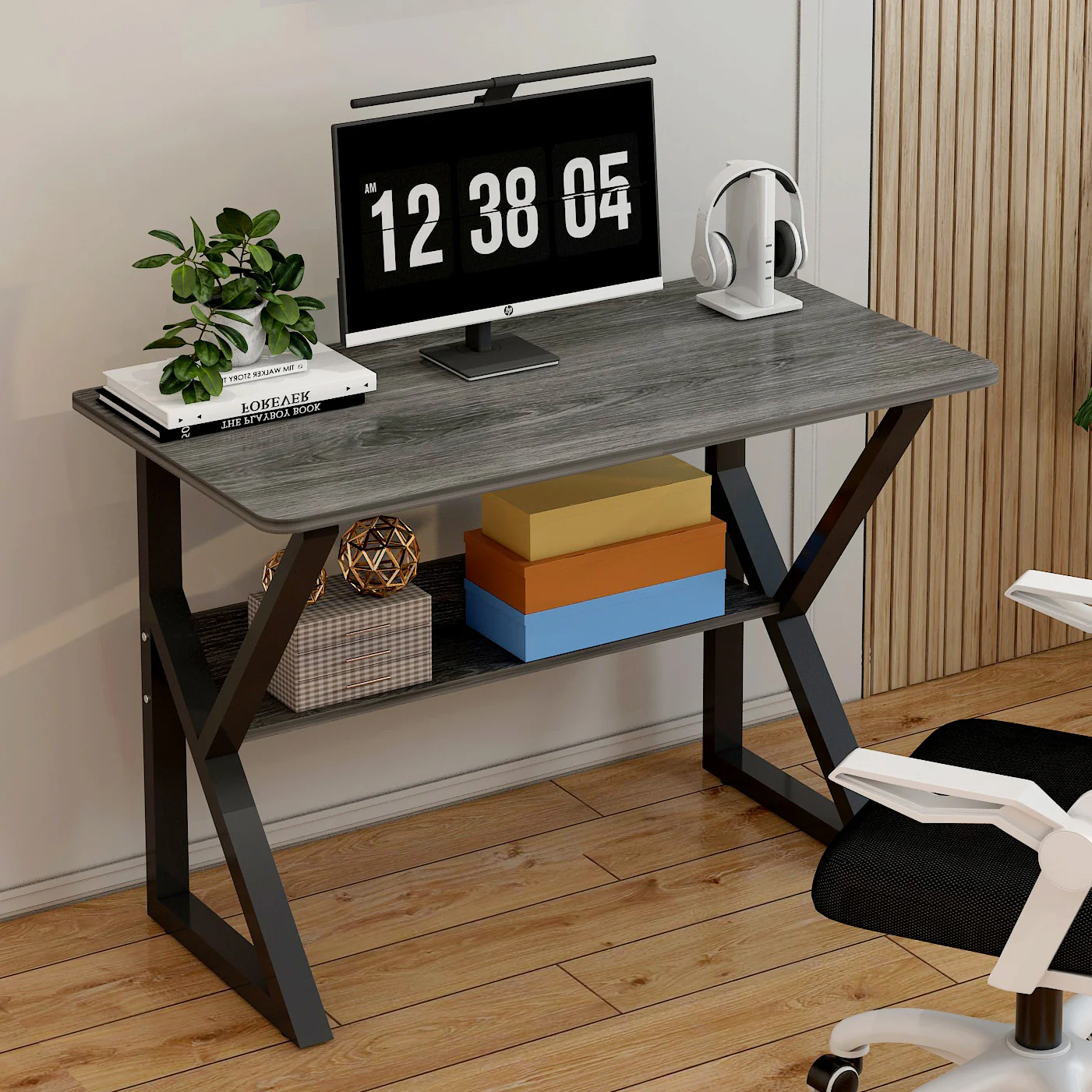 Kori Wood & Metal Computer Desk with Shelf (Rustic Grey) - 80cm - Image 5