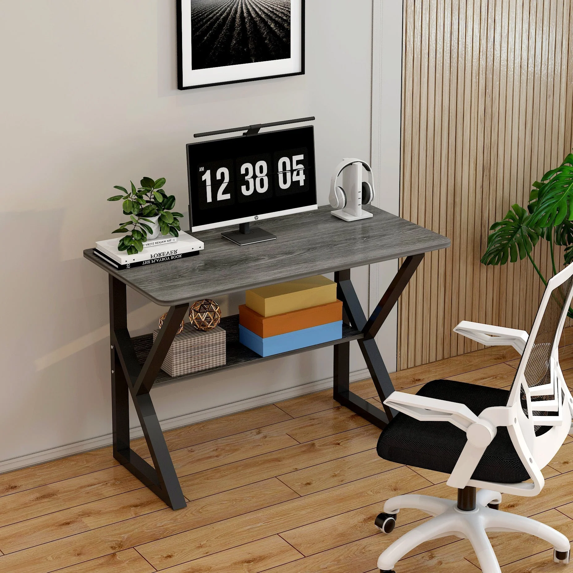 Kori Wood & Metal Computer Desk with Shelf (Rustic Grey) - 80cm - Image 6