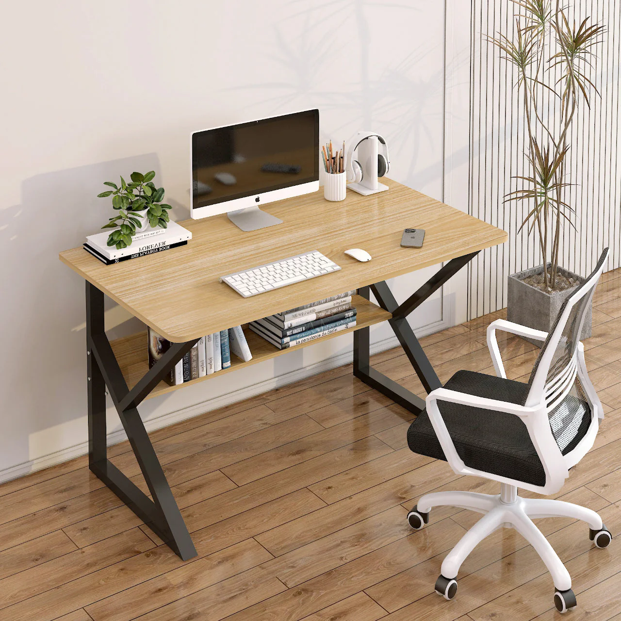 Kori Wood & Metal Computer Desk with Shelf (Oak) - 80cm - Image 3