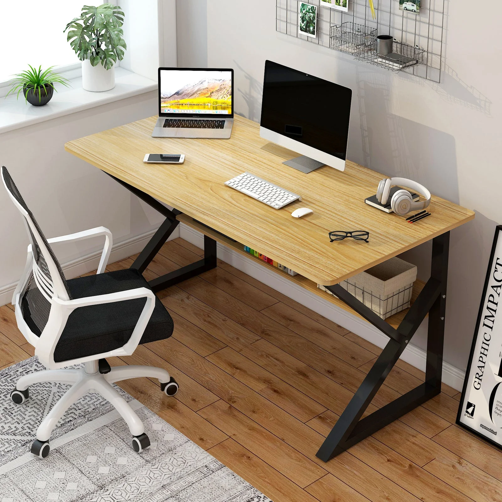 Kori Wood & Metal Computer Desk with Shelf (Oak) - Image 2