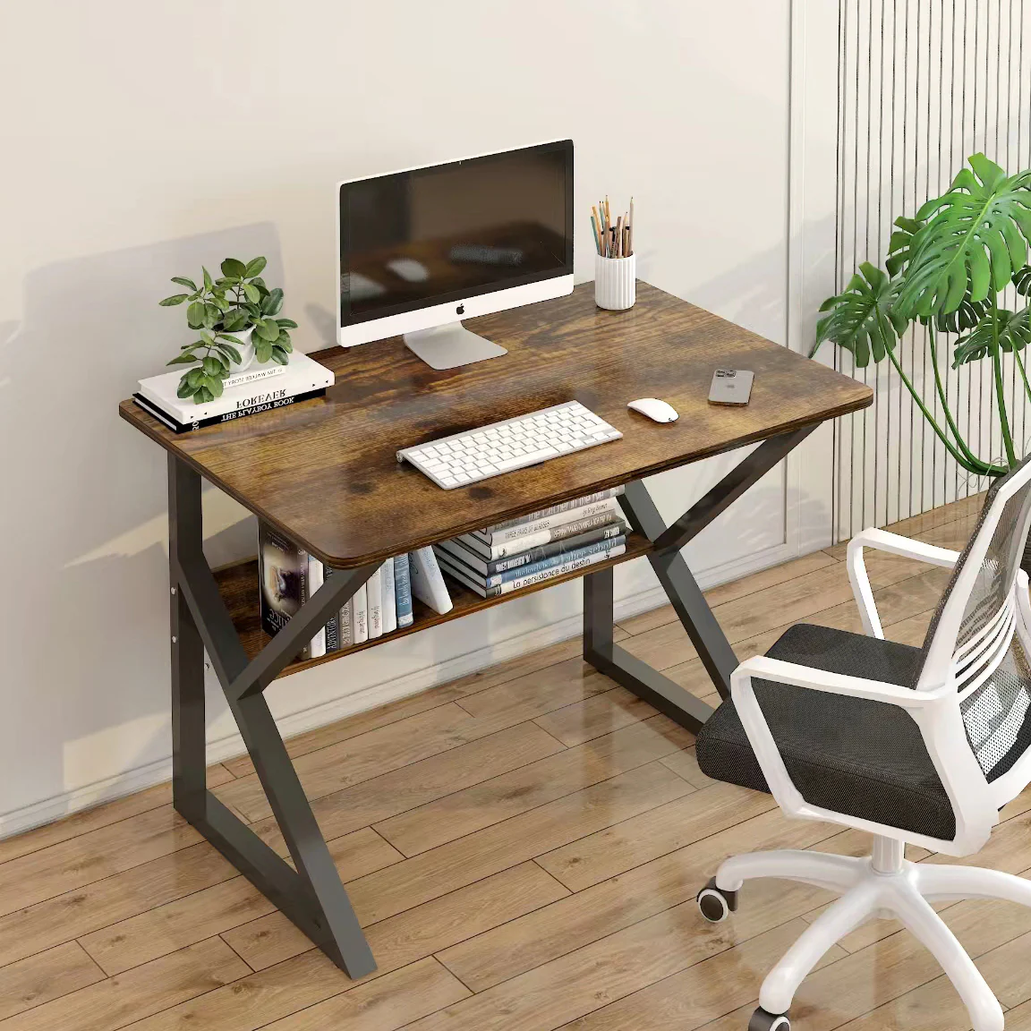 Kori Wood & Metal Computer Desk with Shelf (Rustic Wood) - 80cm - Image 3