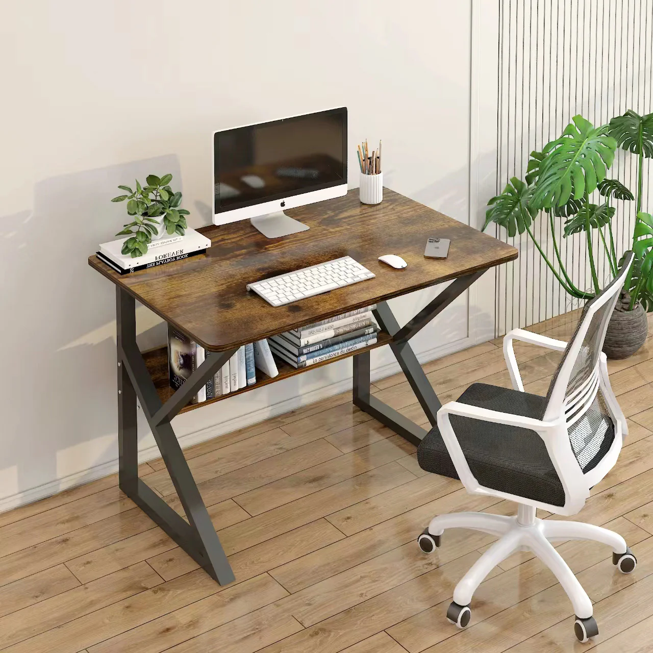 Kori Wood & Metal Computer Desk with Shelf (Rustic Wood) - 80cm - Image 5