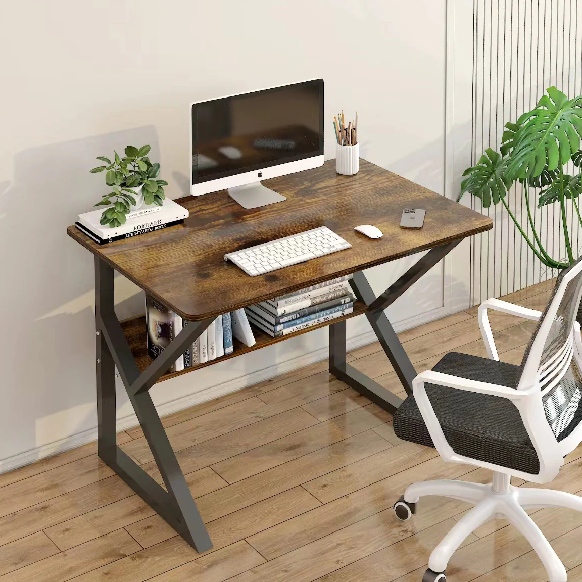 Kori Wood & Metal Computer Desk with Shelf (Rustic Wood) - 80cm - Image 8
