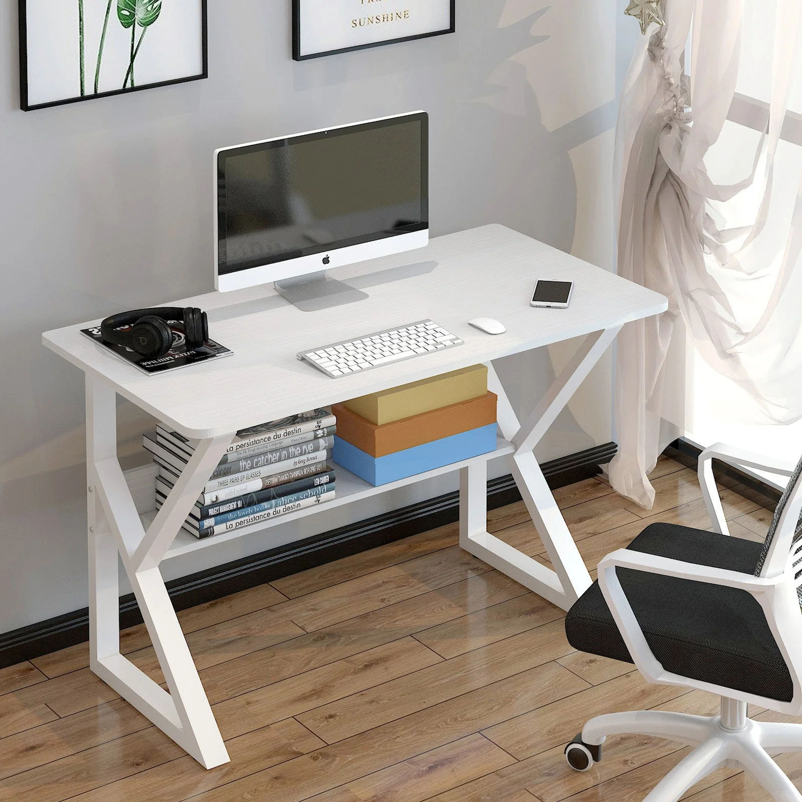 Kori Wood & Metal Computer Desk with Shelf (White) - 80cm - Image 3