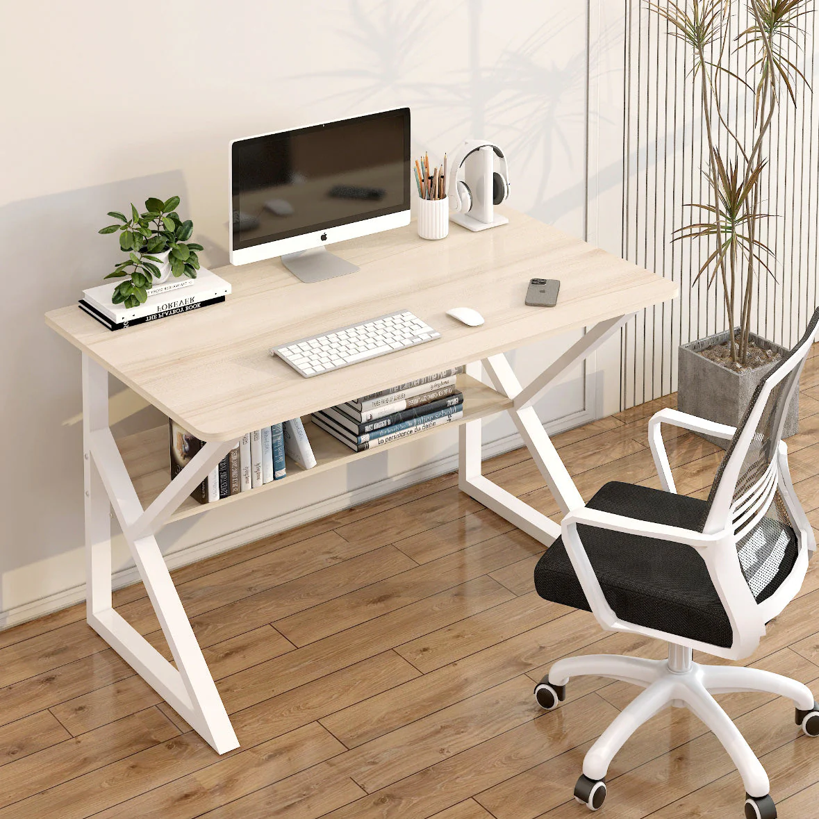 Kori Wood & Metal Computer Desk with Shelf (White Oak) - Image 2