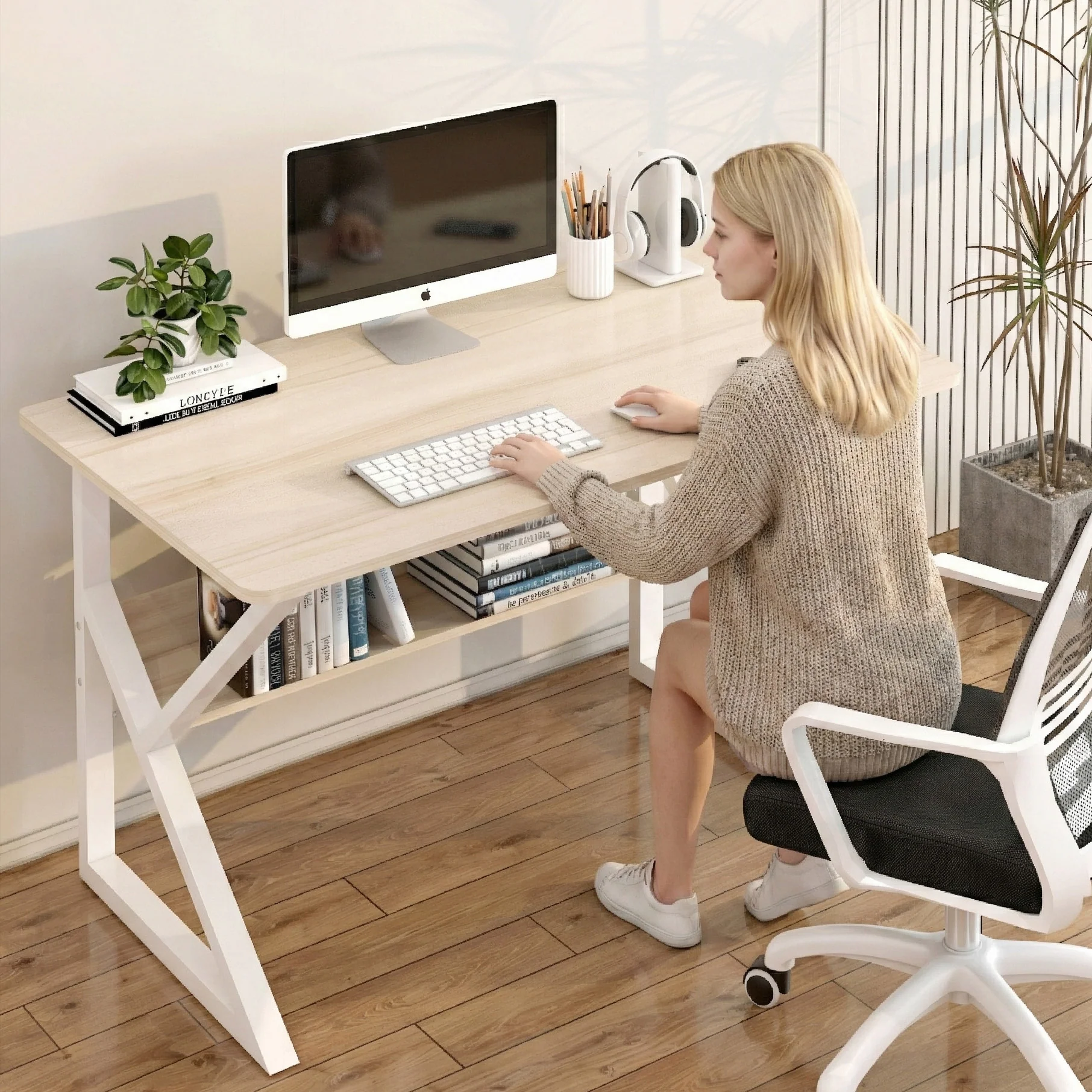Kori Wood & Metal Computer Desk with Shelf (White Oak) - Image 3