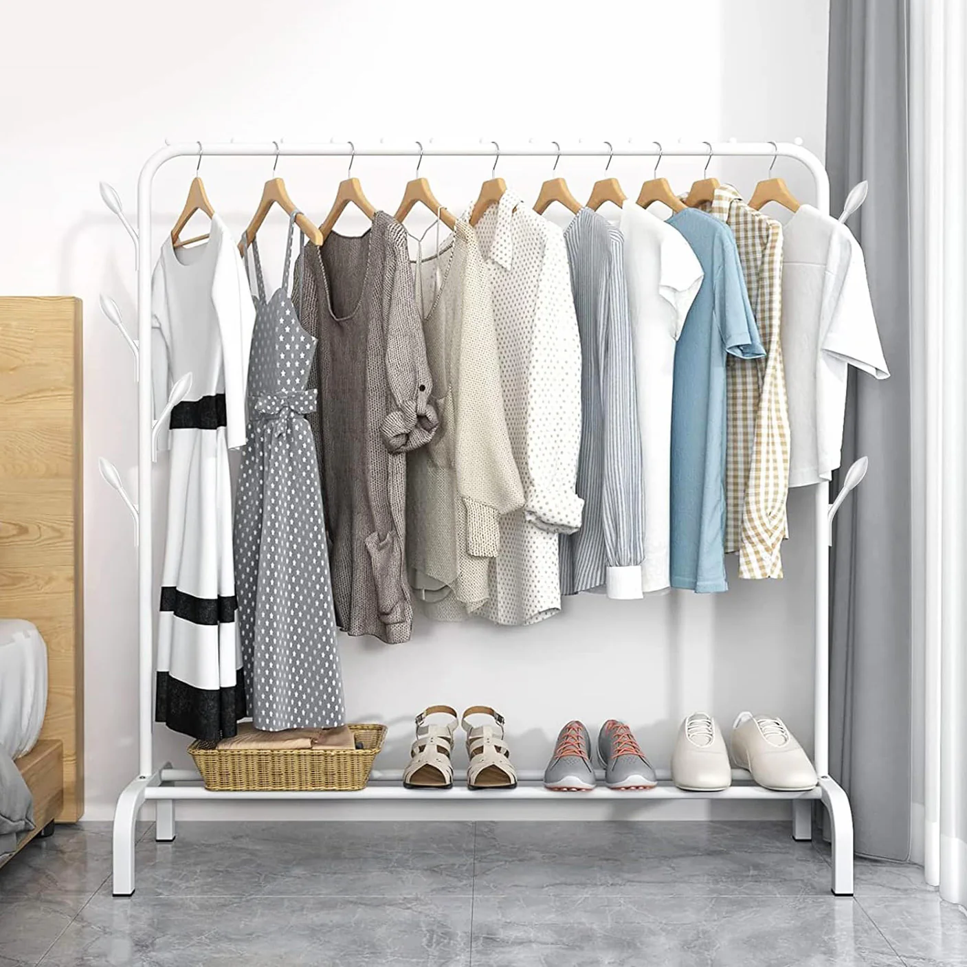 Large 1.5m Wide Coat Hanging Stand Wardrobe Clothes Hanger Rack (White) - Image 3