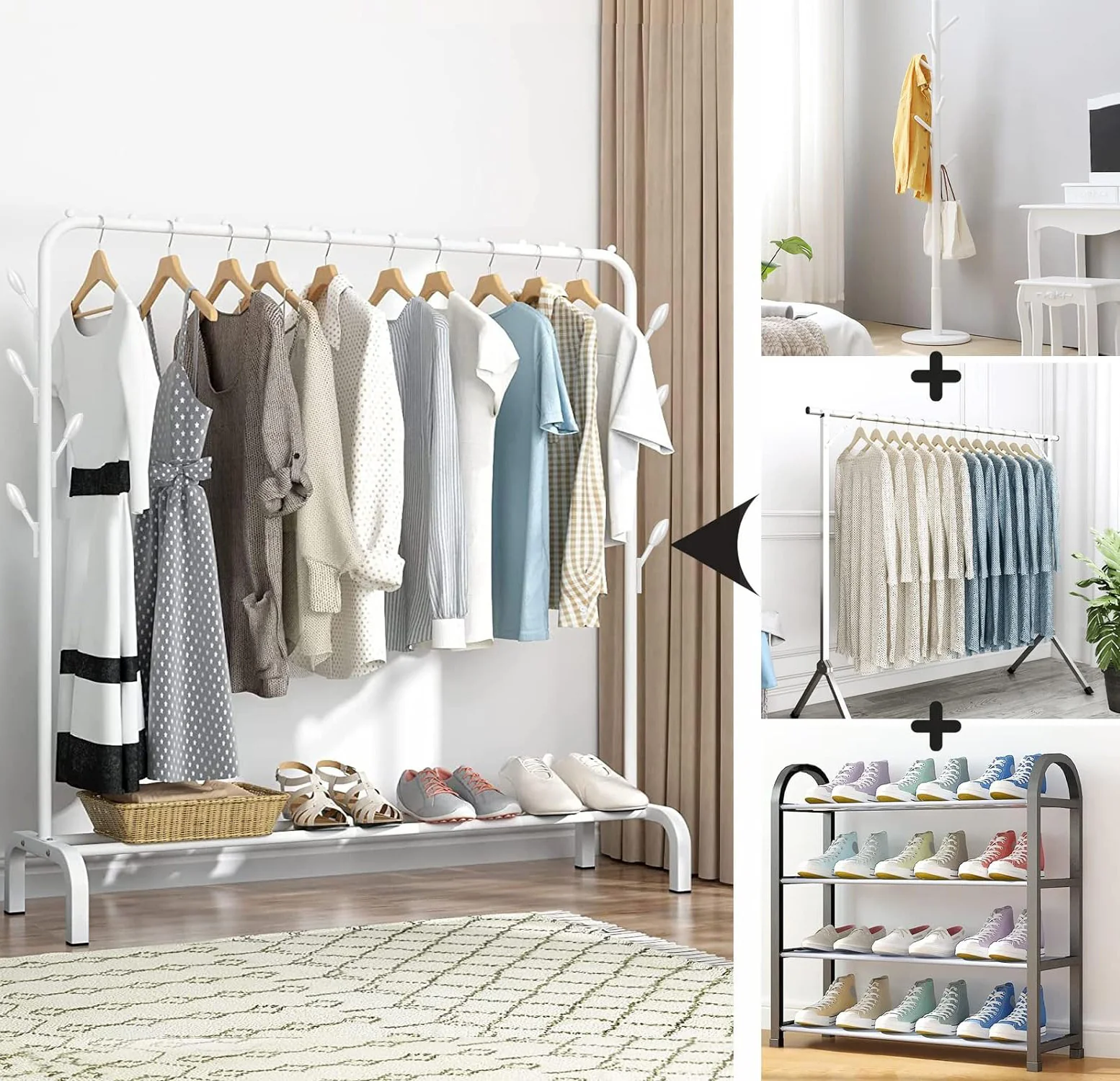 Large 1.5m Wide Coat Hanging Stand Wardrobe Clothes Hanger Rack (White) - Image 4