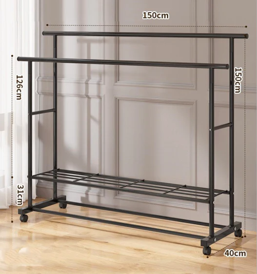 Large 1.5m Wide Double 2-Tier Coat Hanging Stand Wardrobe Clothes Hanger Rack (Black) - Image 10