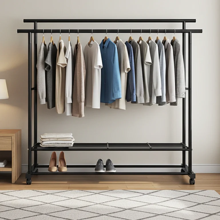 Large 1.5m Wide Double 2-Tier Coat Hanging Stand Wardrobe Clothes Hanger Rack (Black) - Image 14