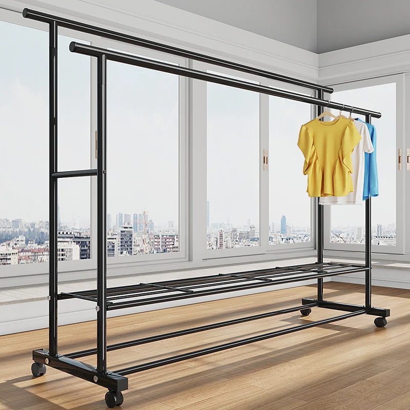 Large 1.5m Wide Double 2-Tier Coat Hanging Stand Wardrobe Clothes Hanger Rack (Black) - Image 16