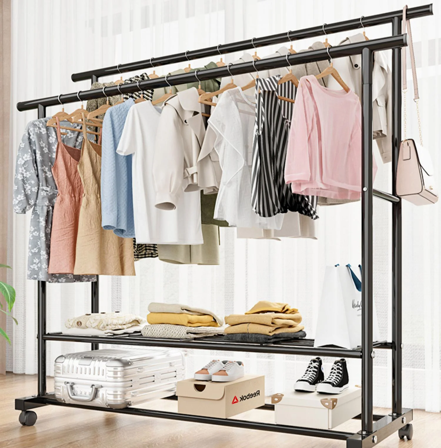 Large 1.5m Wide Double 2-Tier Coat Hanging Stand Wardrobe Clothes Hanger Rack (Black) - Image 6
