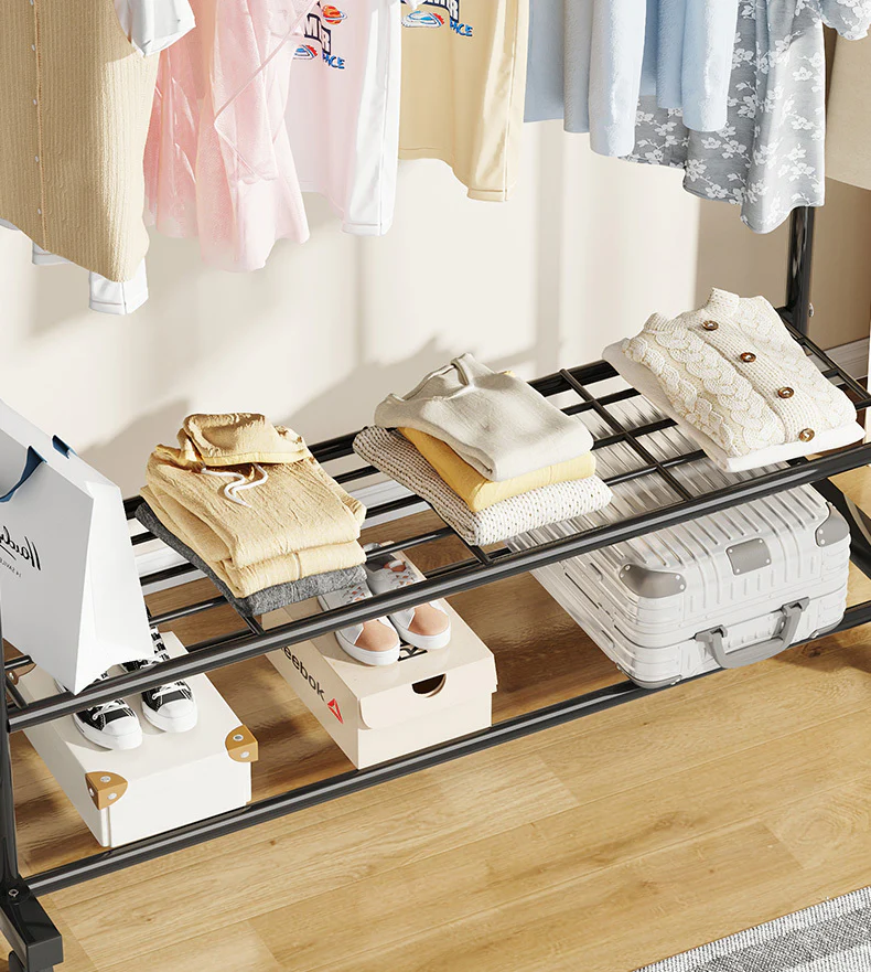 Large 1.5m Wide Double 2-Tier Coat Hanging Stand Wardrobe Clothes Hanger Rack (White) - Image 10