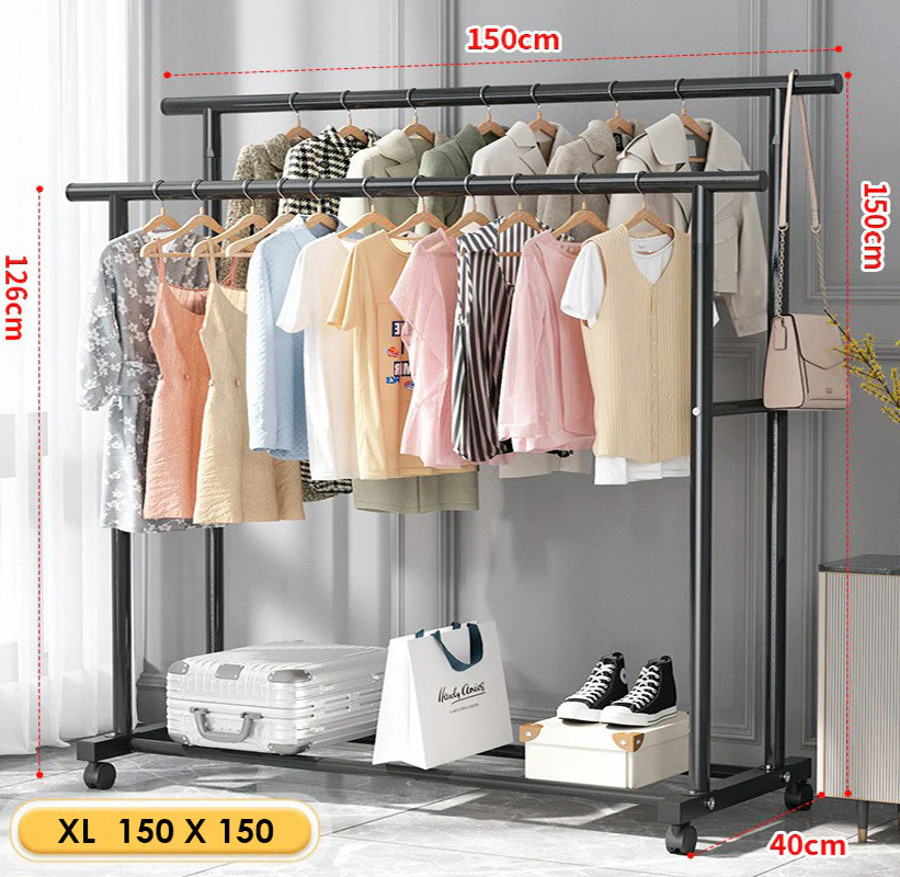 Large 1.5m Wide Double Coat Hanging Stand Wardrobe Clothes Hanger Rack (Black) - Image 4