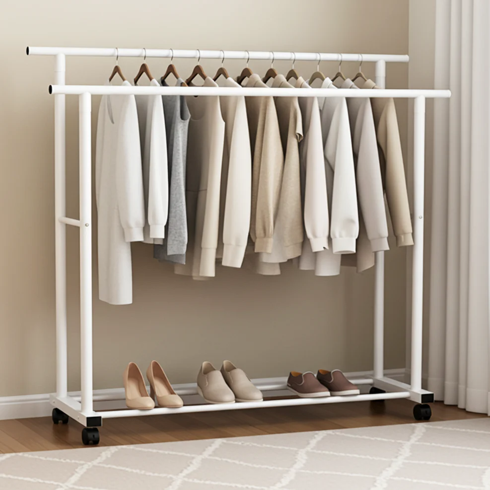 Large 1.5m Wide Double Coat Hanging Stand Wardrobe Clothes Hanger Rack (White) - Image 13