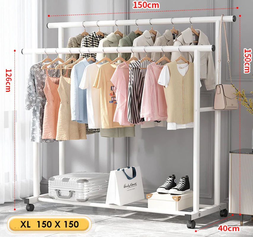 Large 1.5m Wide Double Coat Hanging Stand Wardrobe Clothes Hanger Rack (White) - Image 2