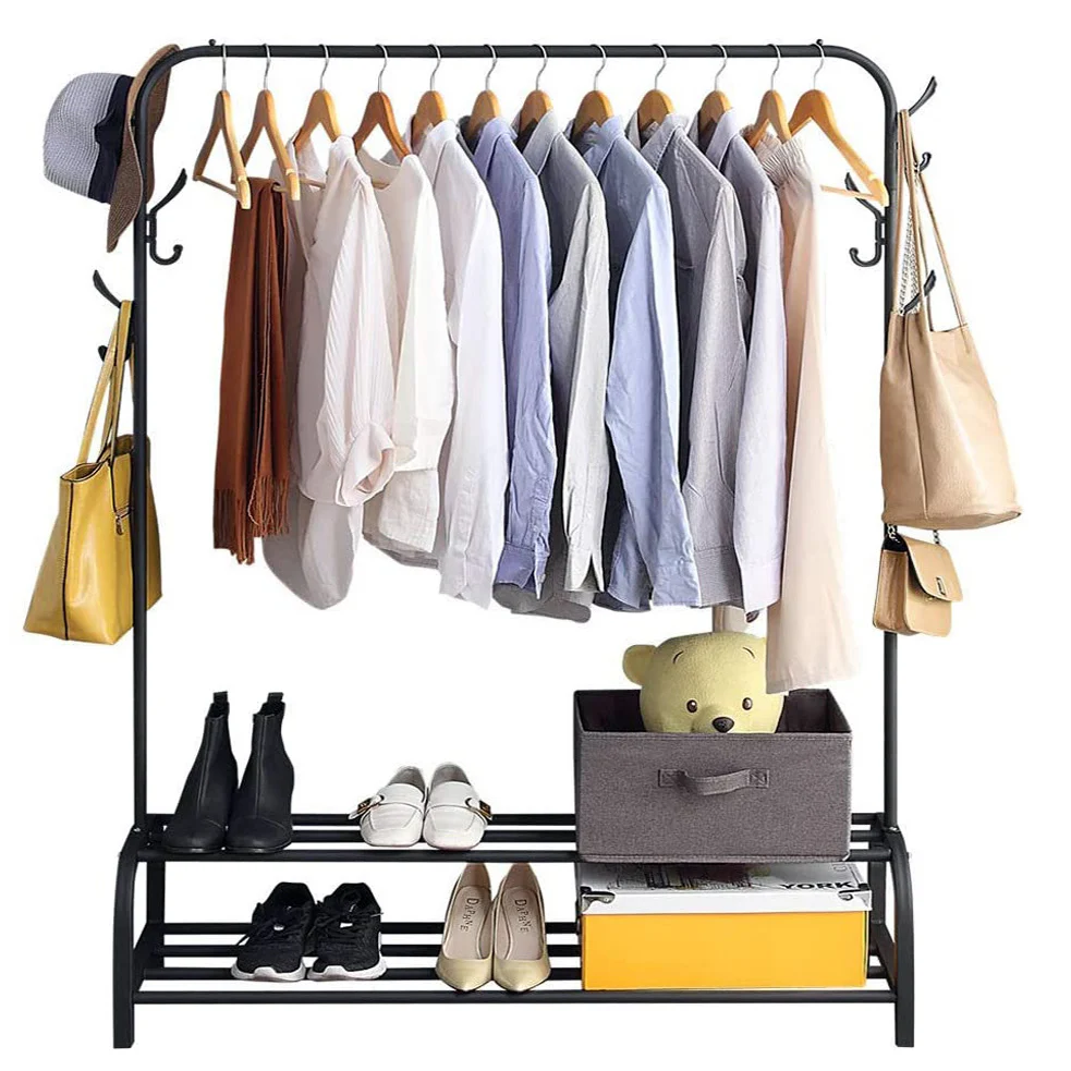 Large 2-Tier Coat Hanging Stand Wardrobe Clothes Hanger Rack with Shelf (Black) - Image 11
