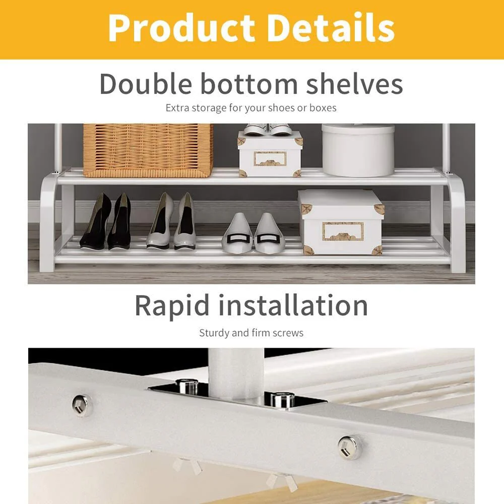 Large 2-Tier Coat Hanging Stand Wardrobe Clothes Hanger Rack with Shelf (Black) - Image 12