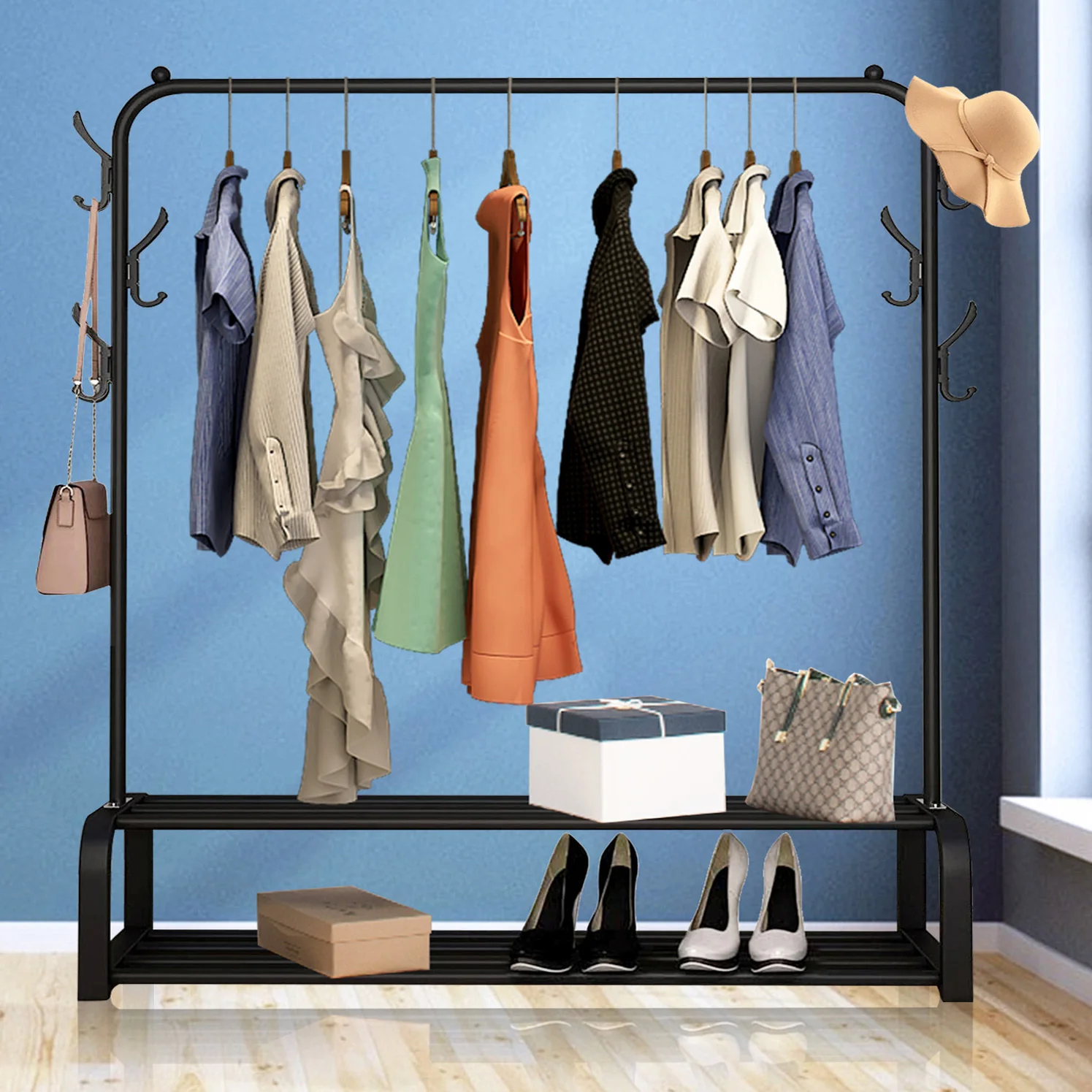 Large 2-Tier Coat Hanging Stand Wardrobe Clothes Hanger Rack with Shelf (Black) - Image 13