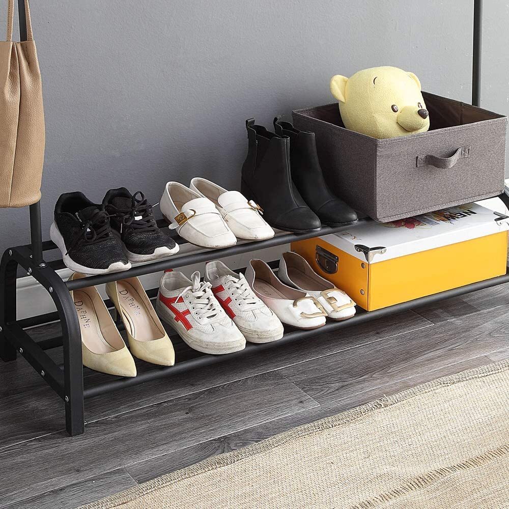 Large 2-Tier Coat Hanging Stand Wardrobe Clothes Hanger Rack with Shelf (Black) - Image 6