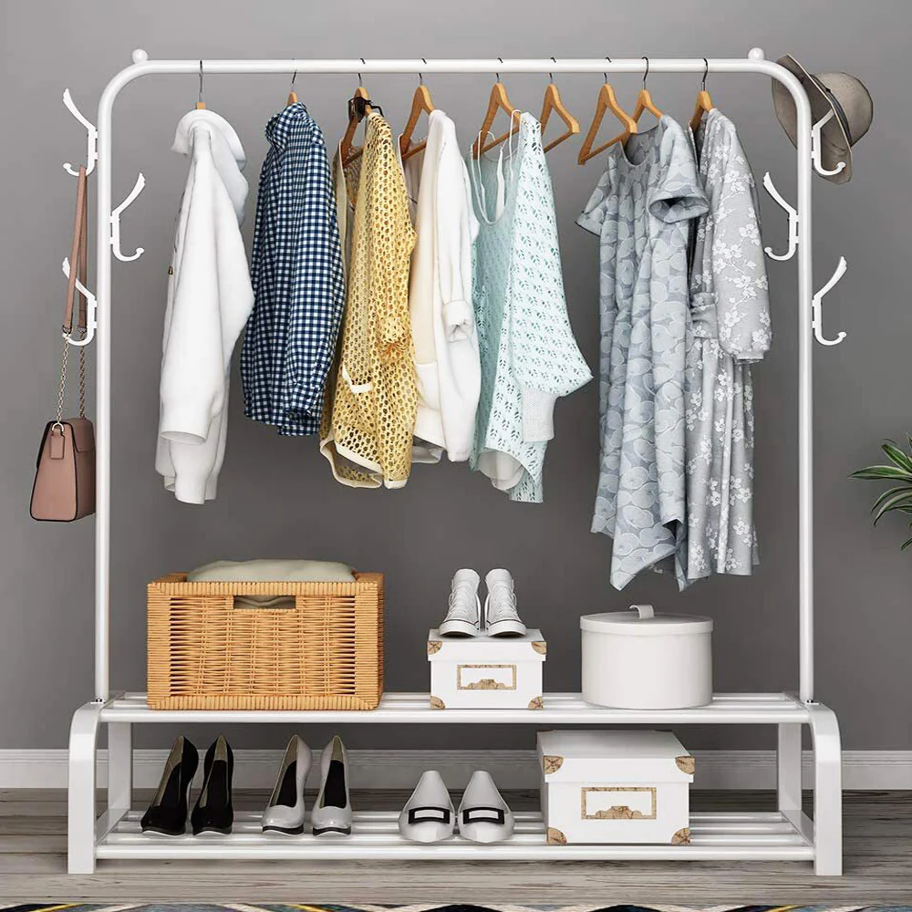 Large 2-Tier Coat Hanging Stand Wardrobe Clothes Hanger Rack with Shelf (White) - Image 10