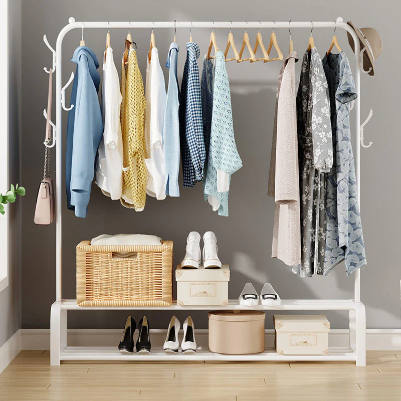 Large 2-Tier Coat Hanging Stand Wardrobe Clothes Hanger Rack with Shelf (White) - Image 4
