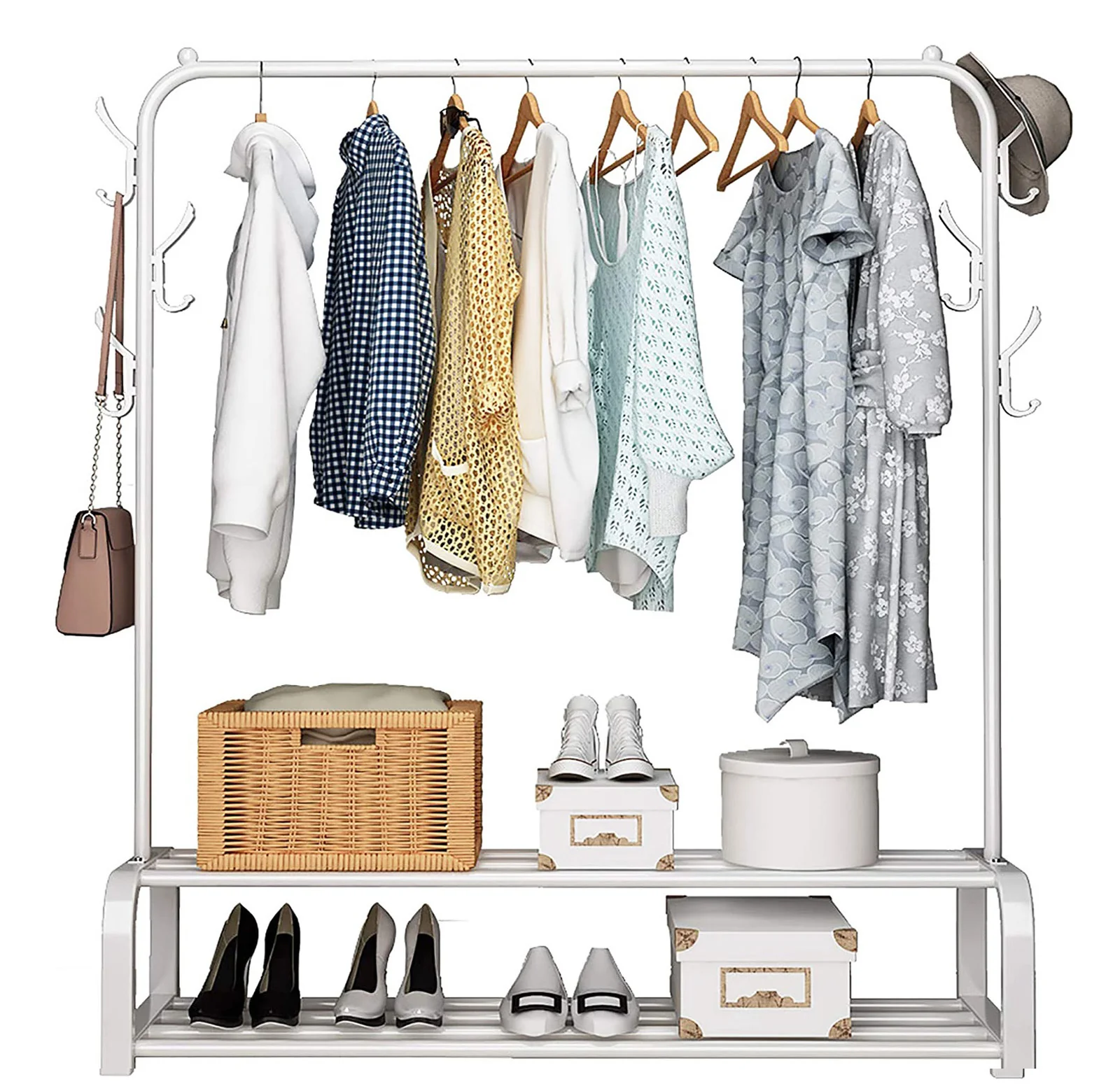 Large 2-Tier Coat Hanging Stand Wardrobe Clothes Hanger Rack with Shelf (White) - Image 5