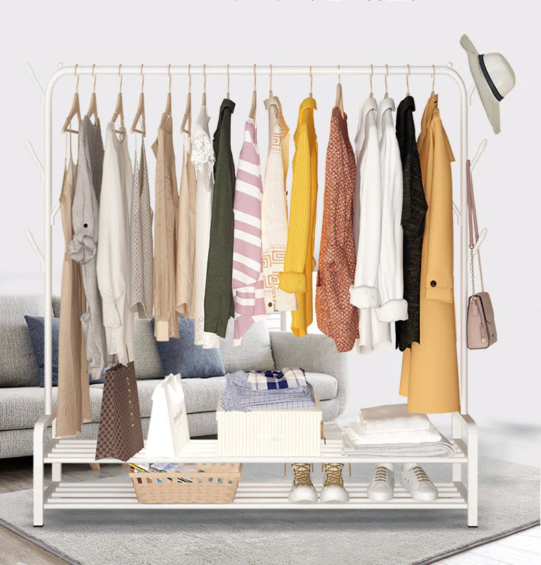 Large 2-Tier Coat Hanging Stand Wardrobe Clothes Hanger Rack with Shelf (White) - Image 7