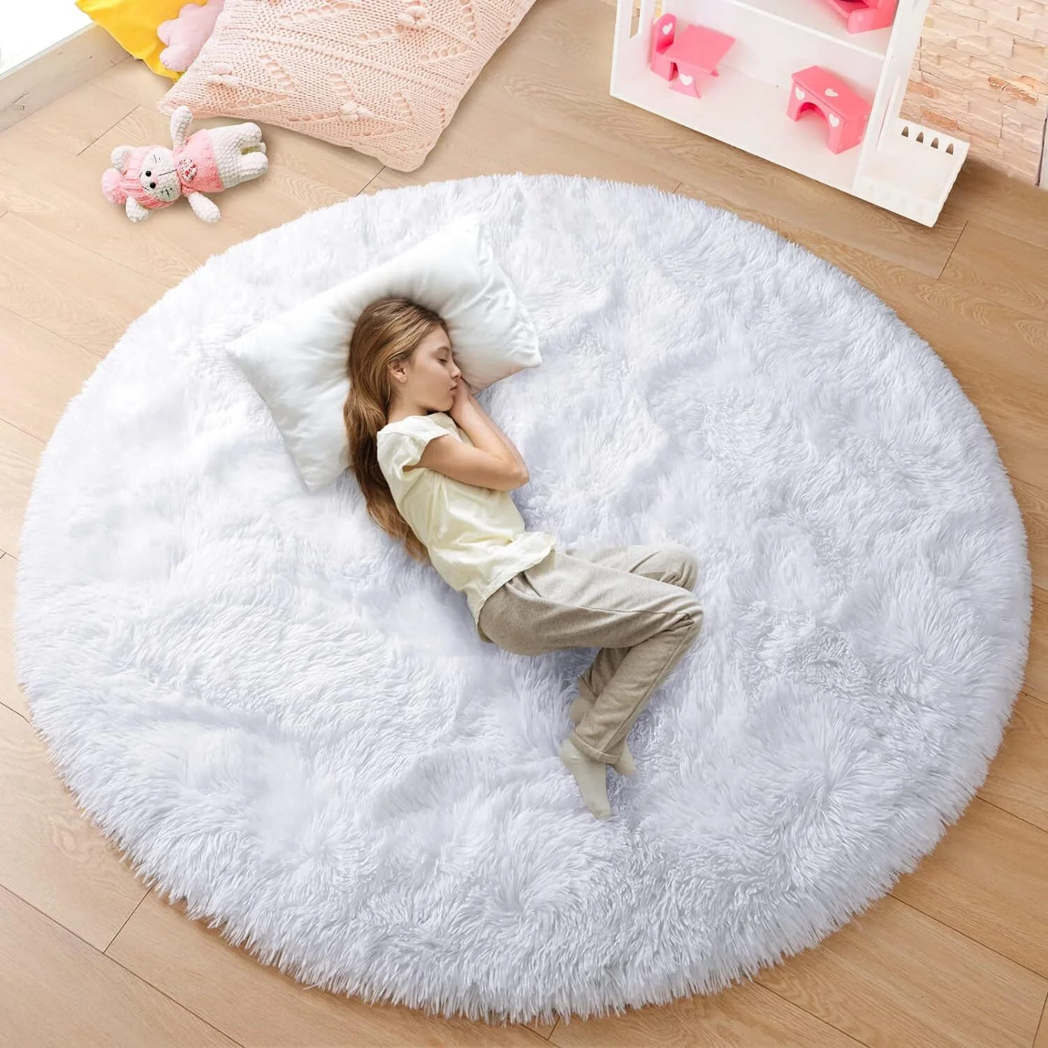 Large 2m Infinity Round Shag Rug (White) - Image 12
