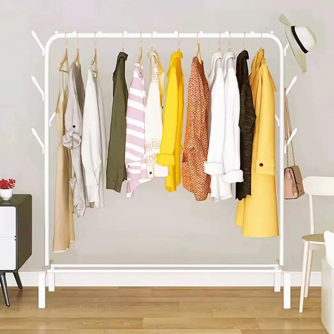 Large Coat Hanging Stand Wardrobe Clothes Hanger Rack (White) - Image 3