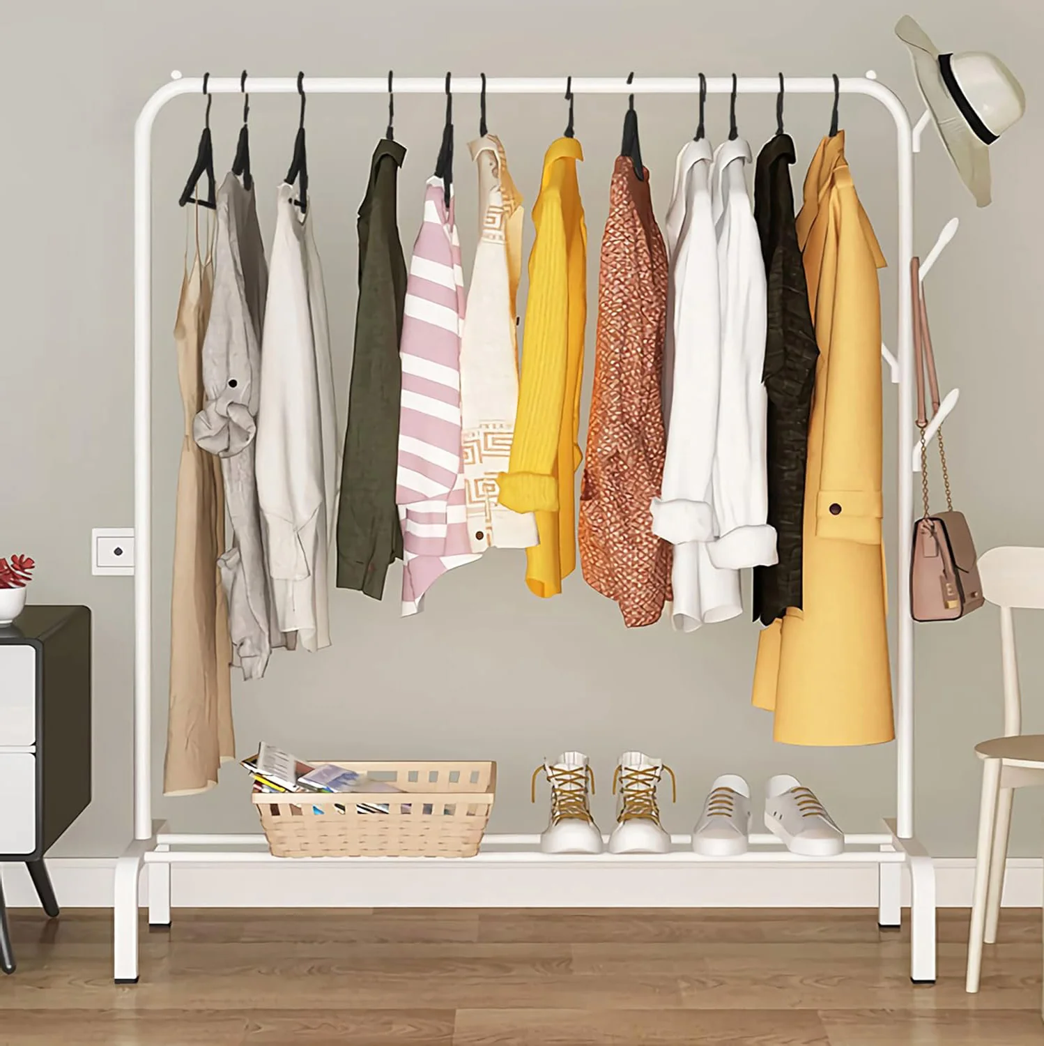 Large Coat Hanging Stand Wardrobe Clothes Hanger Rack (White) - Image 3