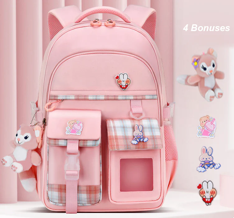 Large Deluxe Backpack Girl's Cute School Bag with Bonus Plushie & Accessories (Pink) - Image 2
