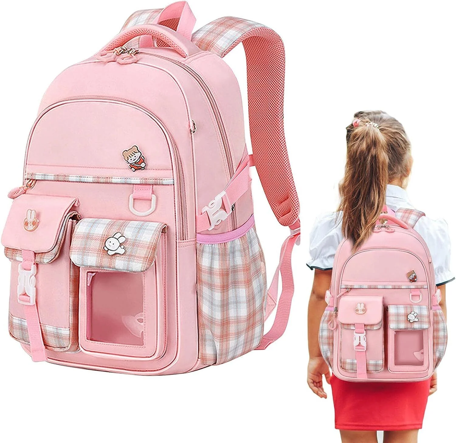 Large Deluxe Backpack Girl's Cute School Bag with Bonus Plushie & Accessories (Pink) - Image 3