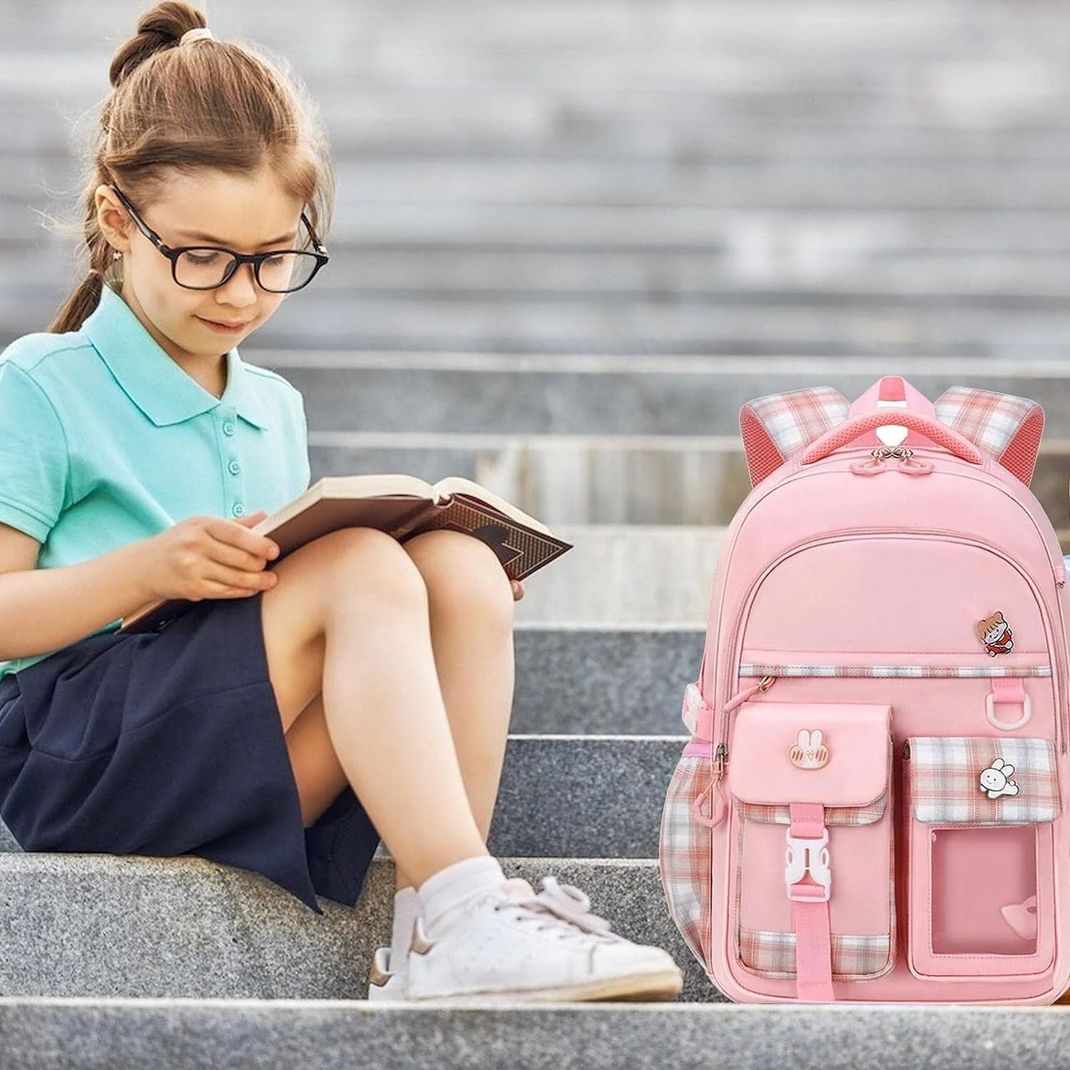 Large Deluxe Backpack Girl's Cute School Bag with Bonus Plushie & Accessories (Pink) - Image 4