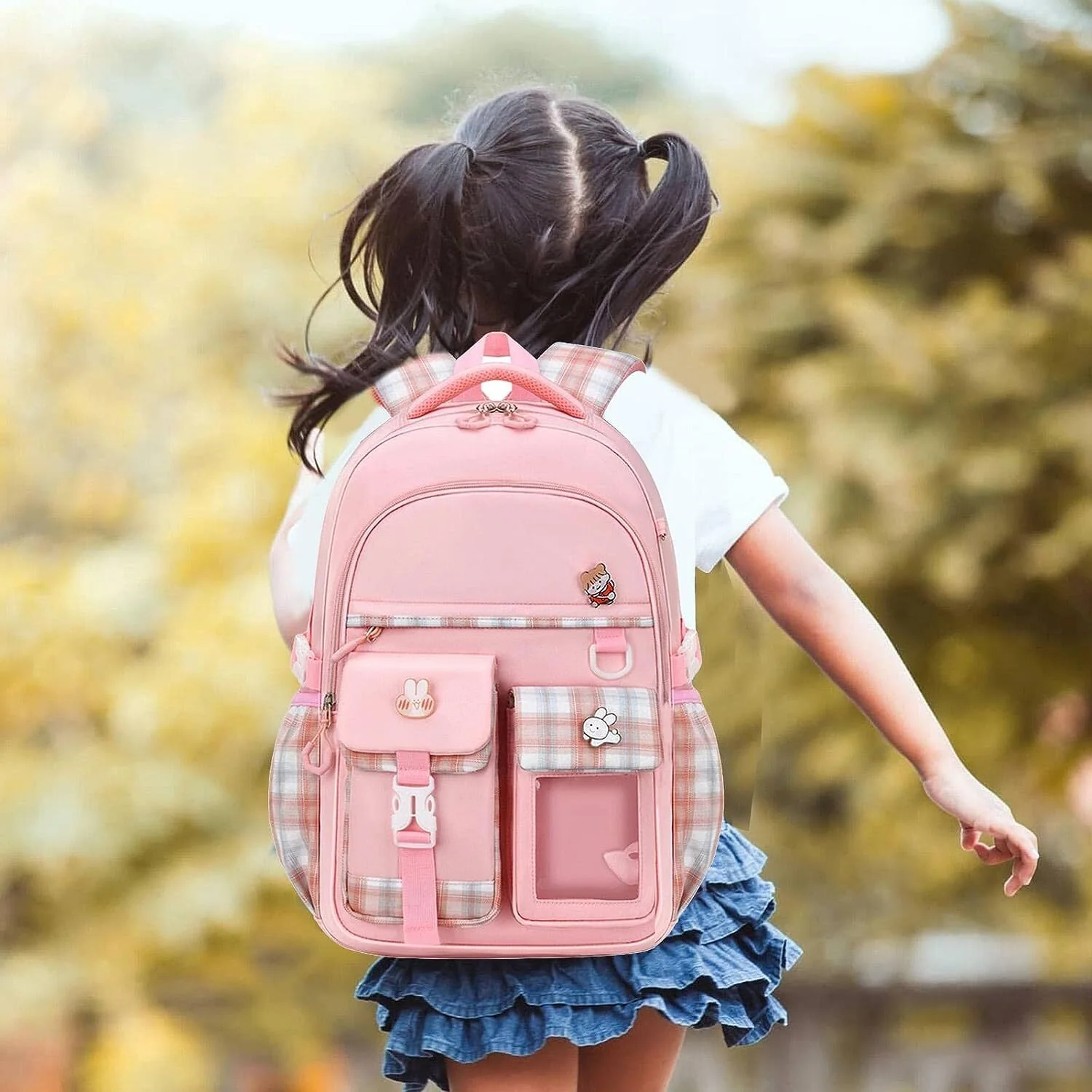 Large Deluxe Backpack Girl's Cute School Bag with Bonus Plushie & Accessories (Pink) - Image 5