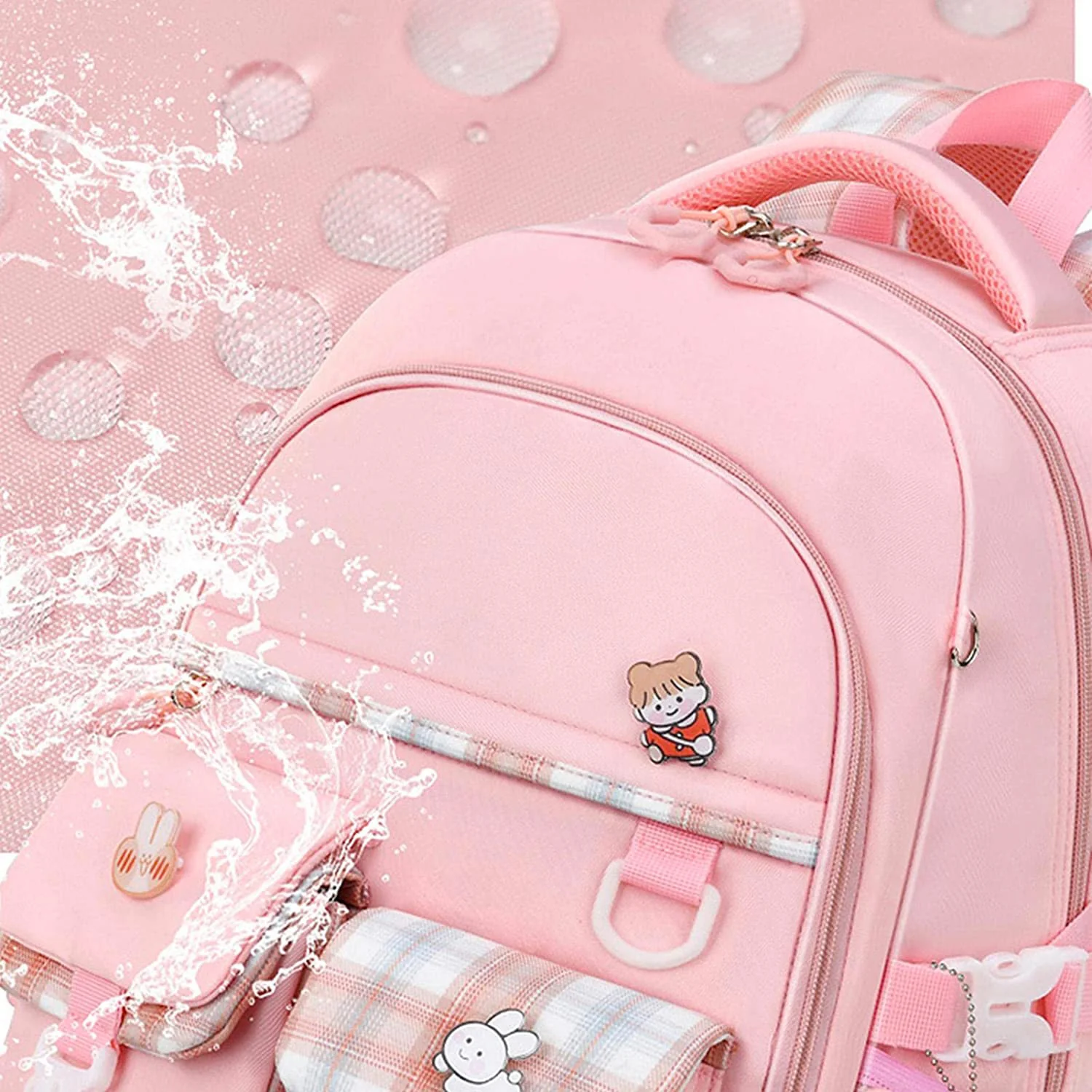 Large Deluxe Backpack Girl's Cute School Bag with Bonus Plushie & Accessories (Pink) - Image 6