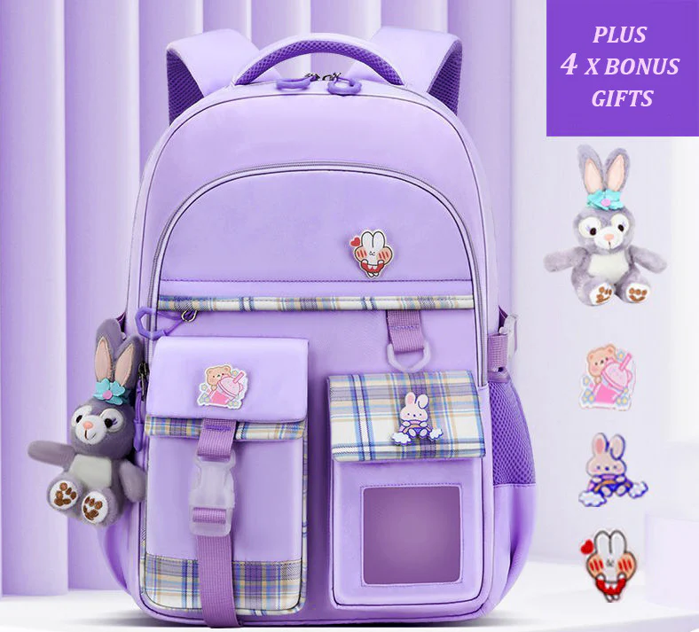 Large Deluxe Backpack Girl's Cute School Bag with Bonus Plushie & Accessories (Purple) - Image 2