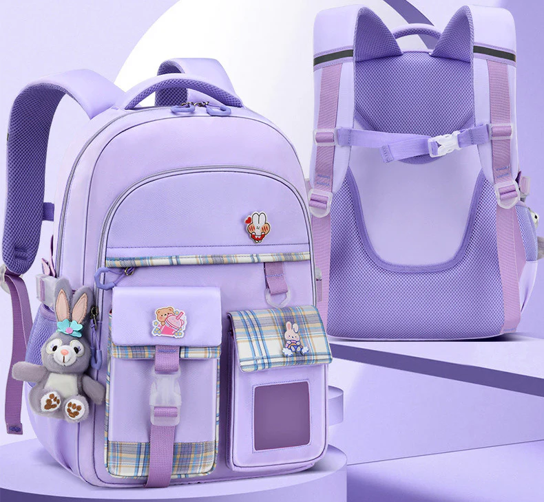Large Deluxe Backpack Girl's Cute School Bag with Bonus Plushie & Accessories (Purple) - Image 3