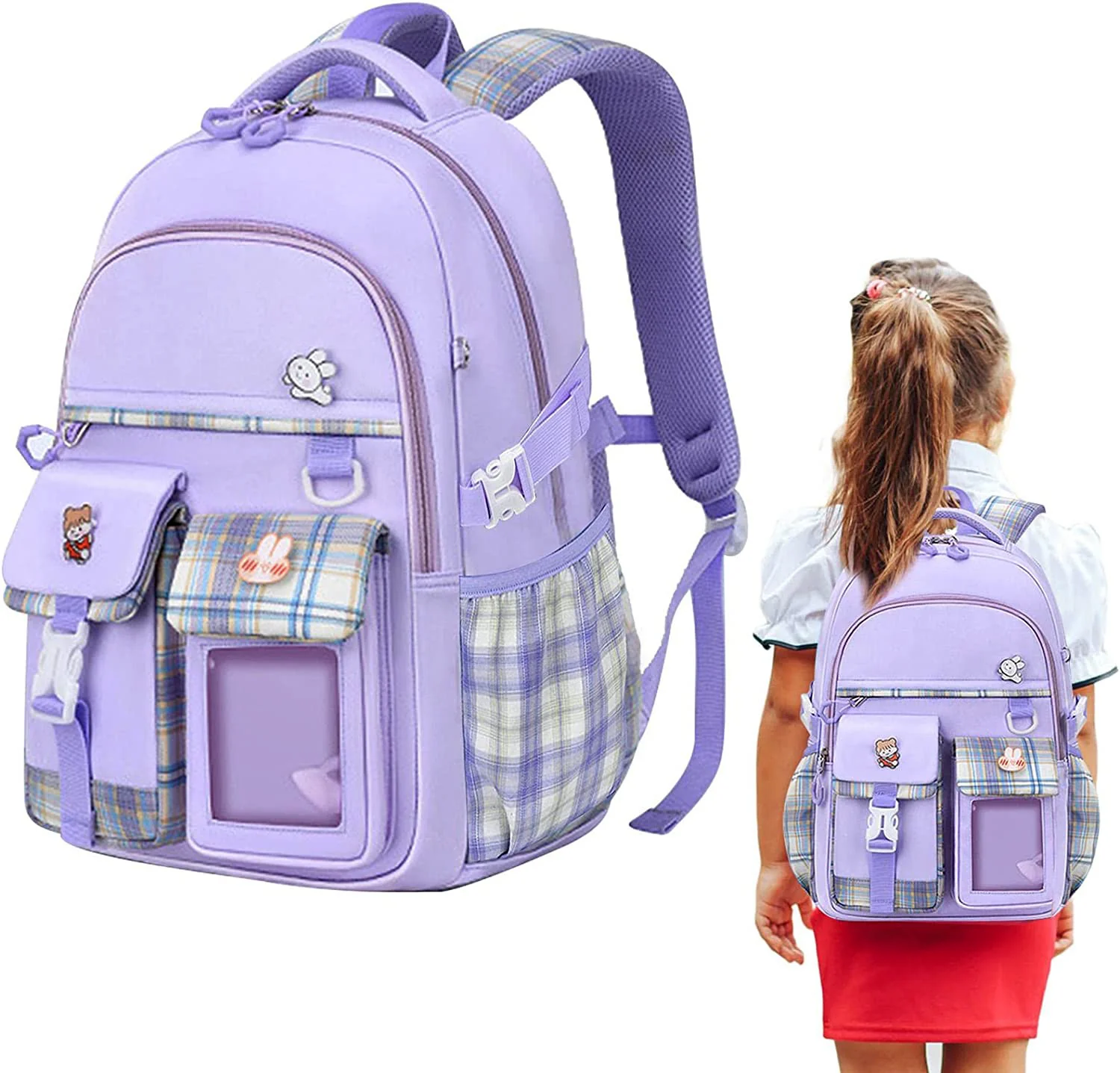 Large Deluxe Backpack Girl's Cute School Bag with Bonus Plushie & Accessories (Purple) - Image 5