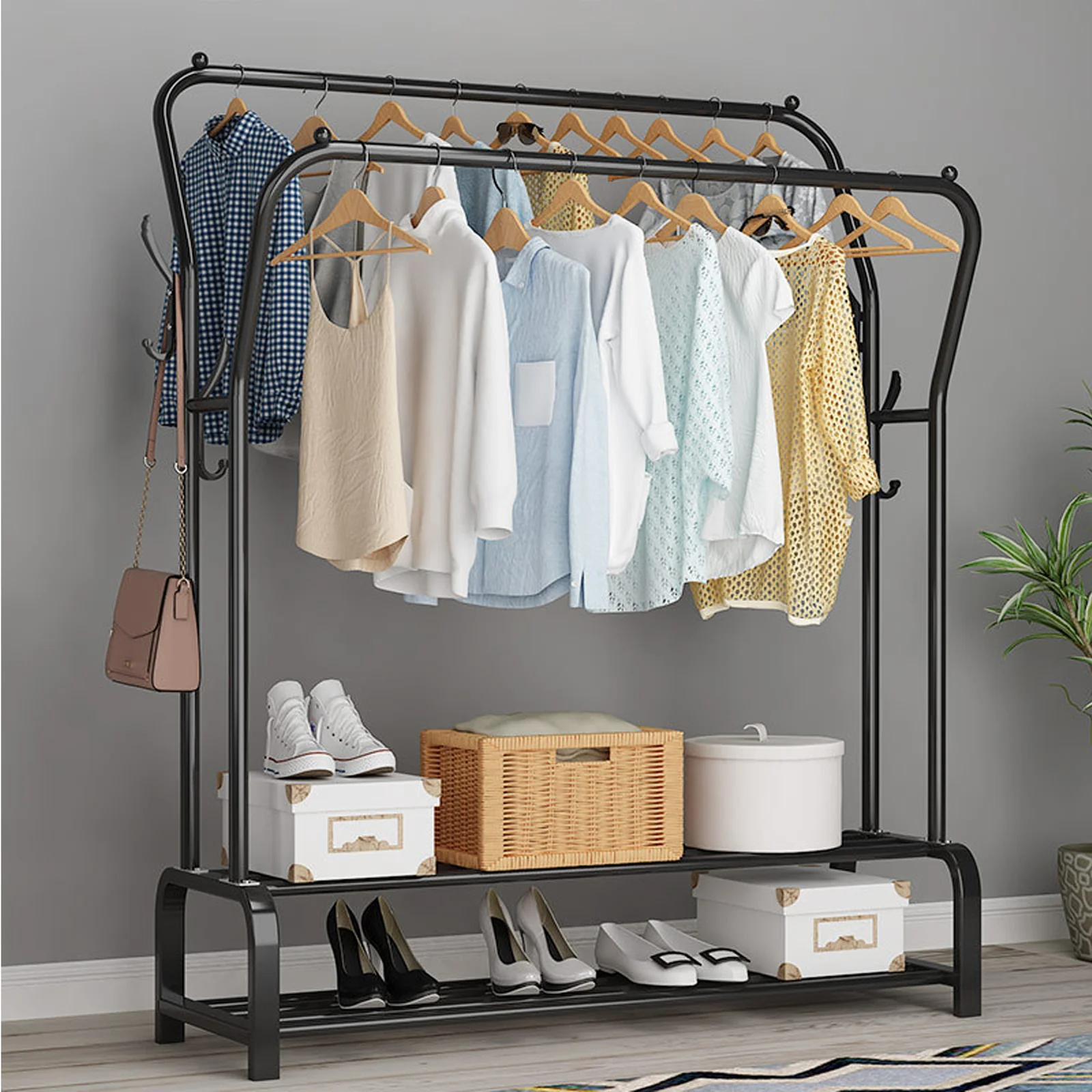 Large Double 2-Tier Coat Hanging Stand Wardrobe Clothes Hanger Rack (Black) - Image 3