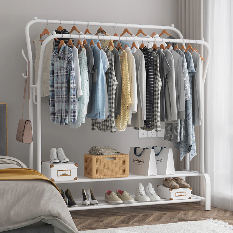 Large Double 2-Tier Coat Hanging Stand Wardrobe Clothes Hanger Rack (White) - Image 3