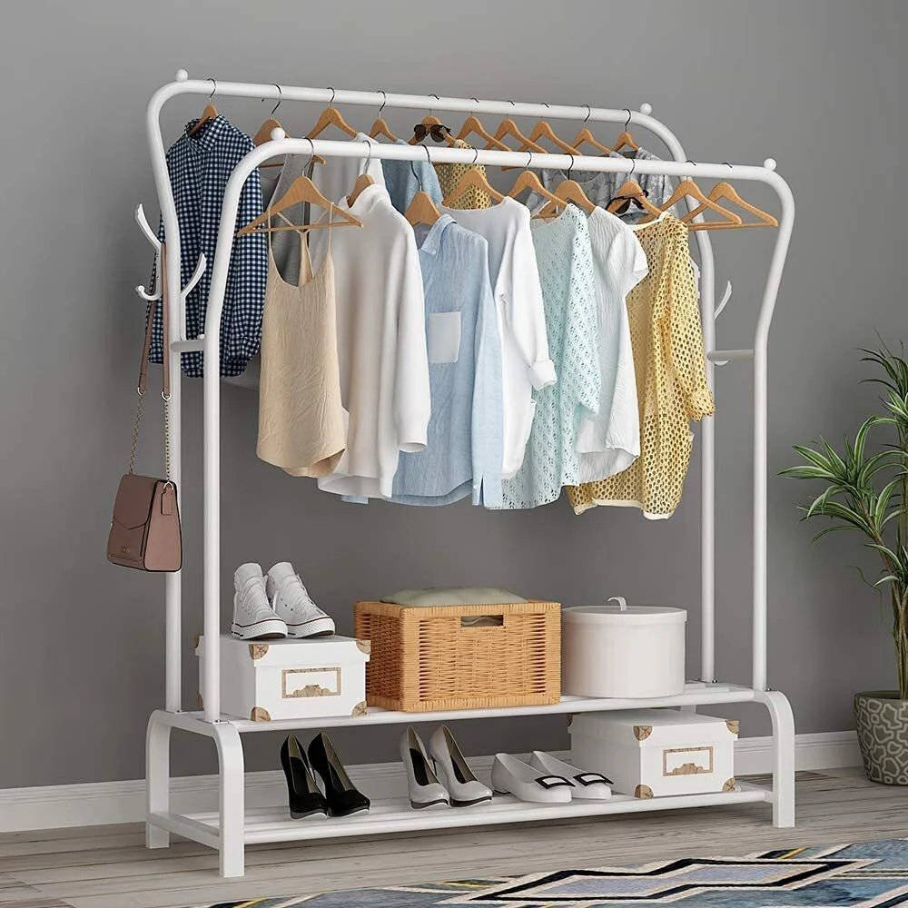 Large Double 2-Tier Coat Hanging Stand Wardrobe Clothes Hanger Rack (White) - Image 4