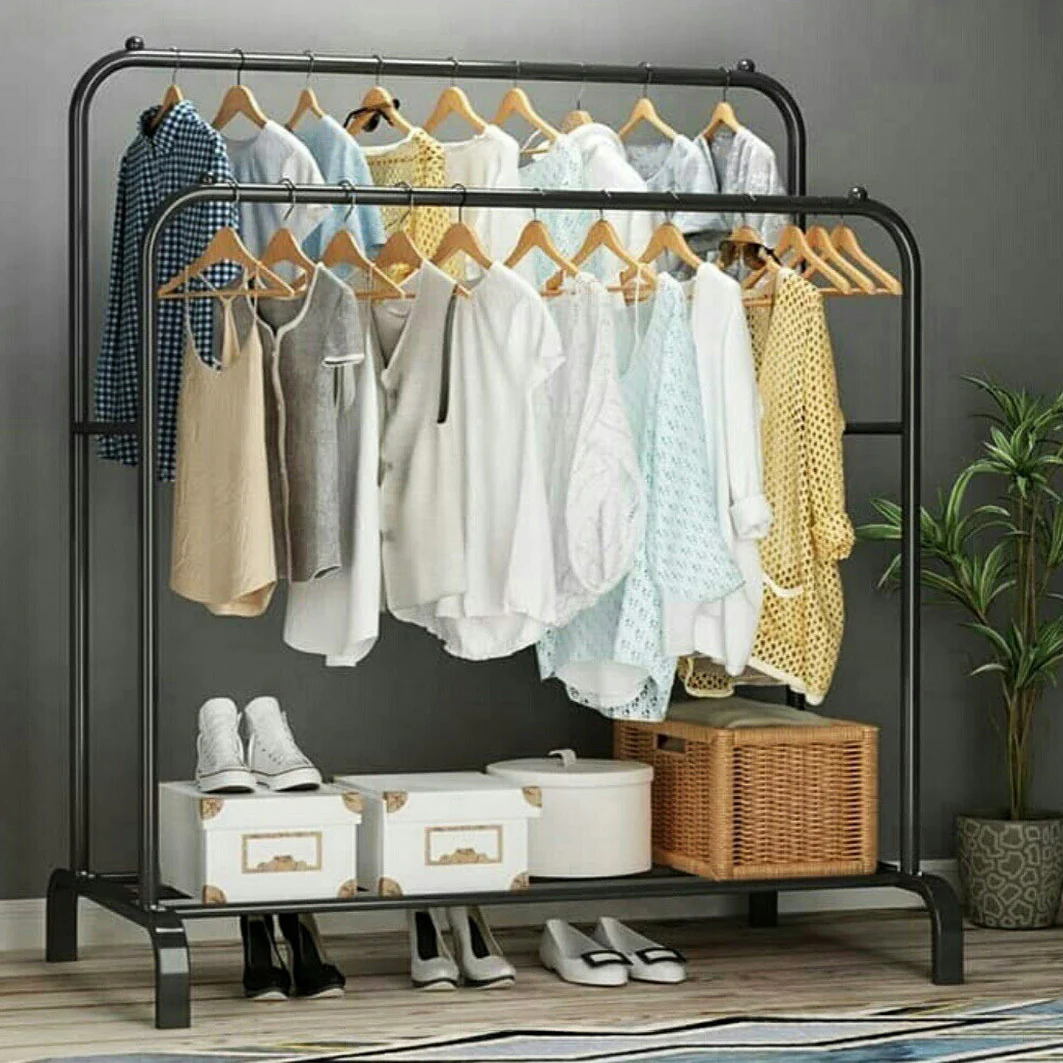 Large Double Coat Hanging Stand Wardrobe Clothes Hanger Rack (Black) - Image 11