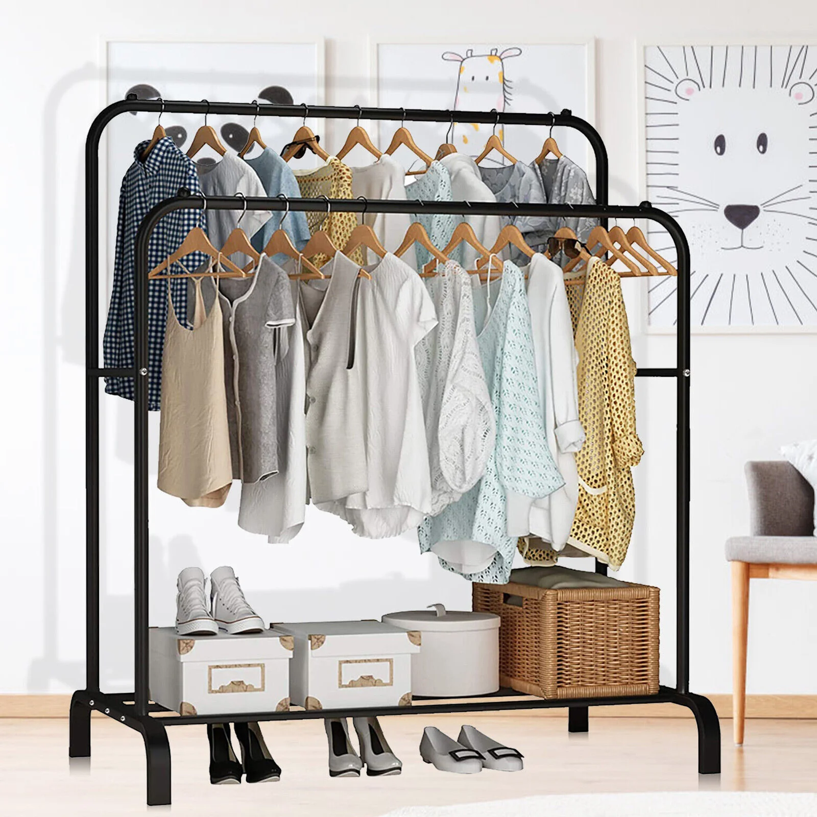 Large Double Coat Hanging Stand Wardrobe Clothes Hanger Rack (Black) - Image 4