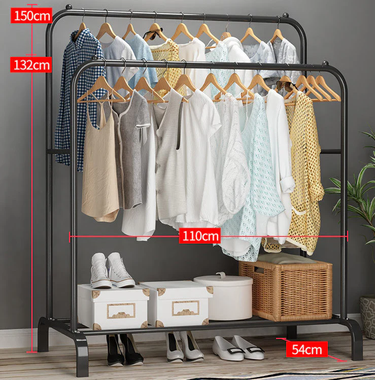Large Double Coat Hanging Stand Wardrobe Clothes Hanger Rack (Black) - Image 5