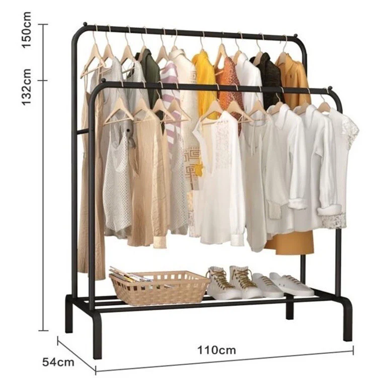 Large Double Coat Hanging Stand Wardrobe Clothes Hanger Rack (Black) - Image 6