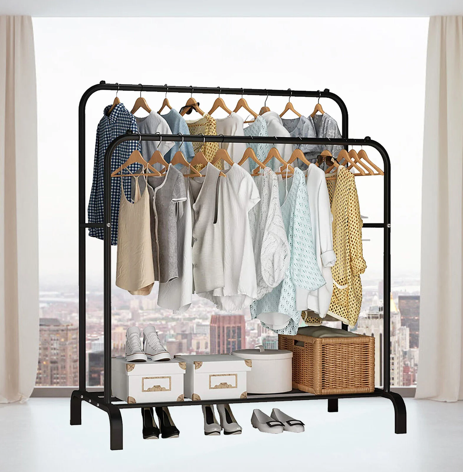 Large Double Coat Hanging Stand Wardrobe Clothes Hanger Rack (Black) - Image 7