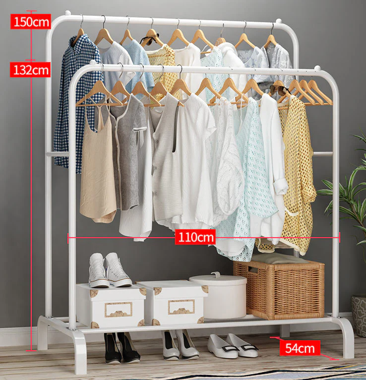 Large Double Coat Hanging Stand Wardrobe Clothes Hanger Rack (White) - Image 3