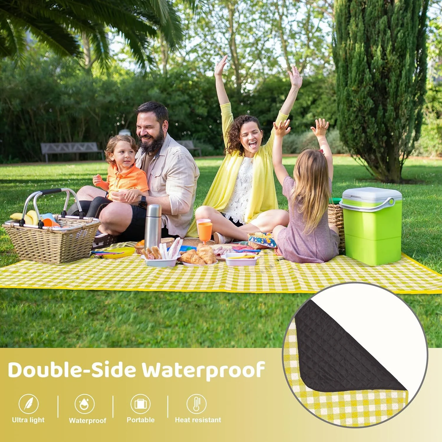 Large Foldable Waterproof Outdoor Picnic Rug Blanket Camping Beach Play Mat (2m x 1.5m, Yellow) - Image 3