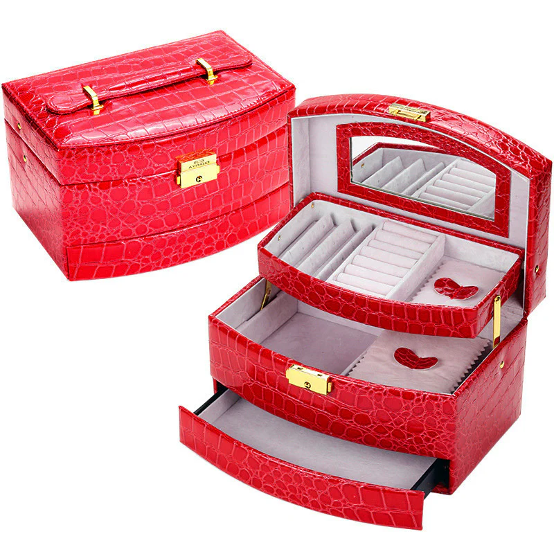 Large Luxury PU Leather Jewellery Box Storage Case (Red) - Image 16